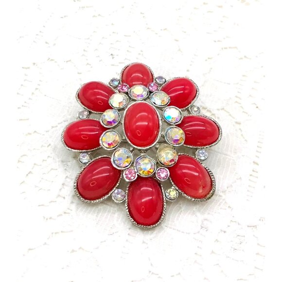 Vintage-Inspired Red Floral Rhinestone Brooch Pin Silver Tone Backing - Picture 1 of 5